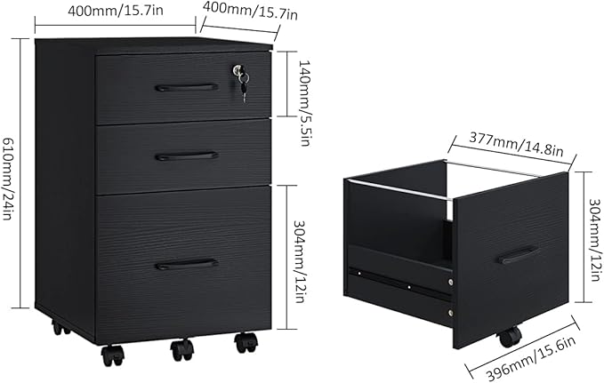 Panana 3 Drawer Wood Mobile File Cabinet, Under Desk Storage Drawers Small File Cabinet for Home Office (Black) - LeafyLoom