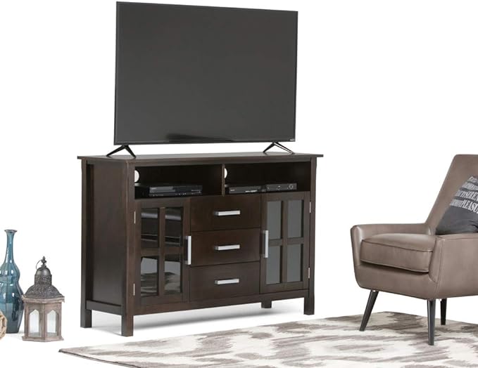 SIMPLIHOME Kitchener SOLID WOOD Universal TV Media Stand, 53 inch Wide, Contemporary, Living Room Entertainment Center with Storage, for Flat Screen TVs up to 60 inches in Hickory Brown - LeafyLoom