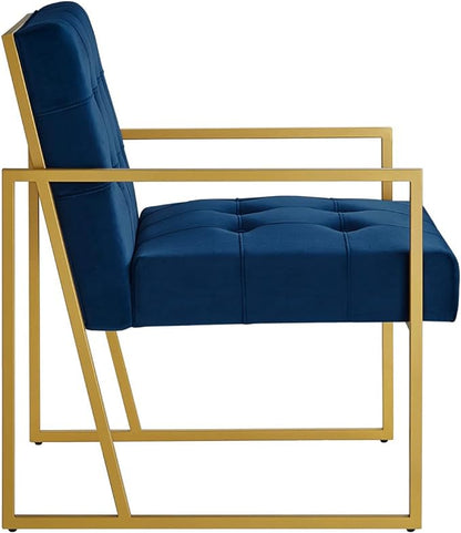 24KF Modern Navy Velvet Button Tufted Accent Chair with Golden Metal Stand, Decorative Furniture Chairs for Living Room Bedroom - Navy - LeafyLoom