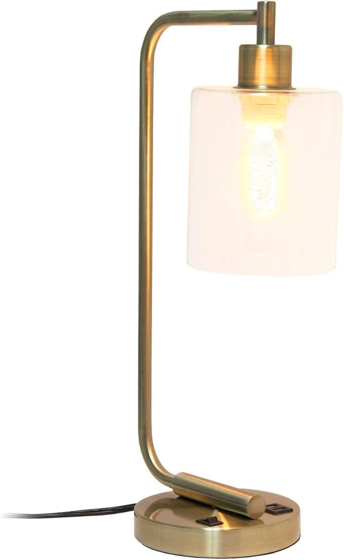 Simple Designs LD1066-ABS Bronson Antique Style Industrial Iron Lantern Desk Lamp with 2 Dual USB Ports and Glass Shade, Antique Brass - LeafyLoom