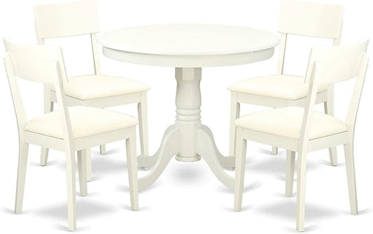 East-West Furniture ANAD5-LWH-LC Kitchen Dining Table Set - 4 Fantastic Wooden Dining Chairs with Faux Leather Seat - A Pedestal Dining Table (Linen White Finish) - LeafyLoom