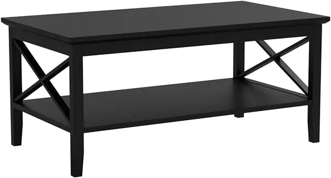 ChooChoo Oxford Coffee Table with Thicker Legs, Black Wood Coffee Table with Storage for Living Room - LeafyLoom