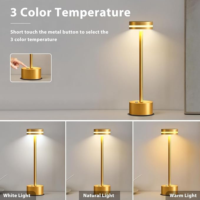 Cordless Metal Desk Lamp,Portable LED Table Lamp with Touch Sensor,3 Color Rechargeable Lamp,3-Levels Brightness Lamp,Night Light for Kids Nursery,Bedside Lamp,Dining Room Lamp (Gold) - LeafyLoom