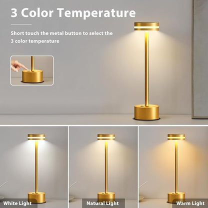 Cordless Metal Desk Lamp,Portable LED Table Lamp with Touch Sensor,3 Color Rechargeable Lamp,3-Levels Brightness Lamp,Night Light for Kids Nursery,Bedside Lamp,Dining Room Lamp (Gold) - LeafyLoom