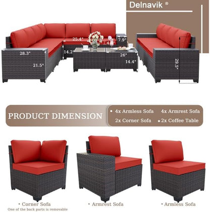 Patio Furniture Set Sofa 12-Pieces Wicker Sectional Sofa Set, Outdoor Furniture Rattan Patio Conversation Set with Thickened Cushions and Glass Coffee Tables, Red - LeafyLoom