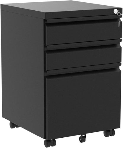 YITAHOME 3-Drawer Mobile File Cabinet with Lock, Office Storage Filing Cabinet for Legal/Letter Size, Pre-Assembled Metal File Cabinet Except Wheels Under Desk -Black - LeafyLoom