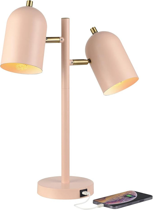 Globe Electric 30290 Carter 18" 2-Light Desk Lamp, Matte Pink, Matte Brass Accents, 2.1A USB Port, On/Off Rotary Switch on Each Shade - LeafyLoom