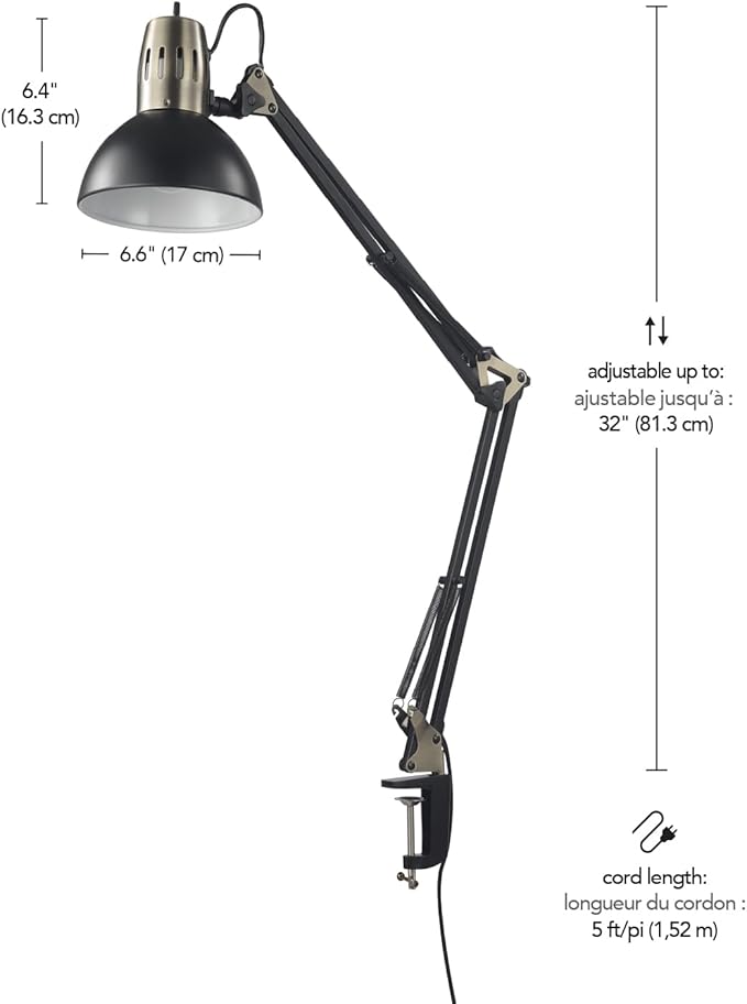 Globe Electric 62000009 32" Multi-Joint Desk Lamp with Metal Clamp, Matte Black, Antique Brass Accents, On/Off Rotary Switch on Shade, Partially Adjustable Swing Arm, Home Décor, Office Accessory - LeafyLoom