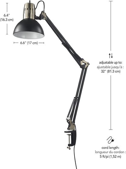 Globe Electric 62000009 32" Multi-Joint Desk Lamp with Metal Clamp, Matte Black, Antique Brass Accents, On/Off Rotary Switch on Shade, Partially Adjustable Swing Arm, Home Décor, Office Accessory - LeafyLoom