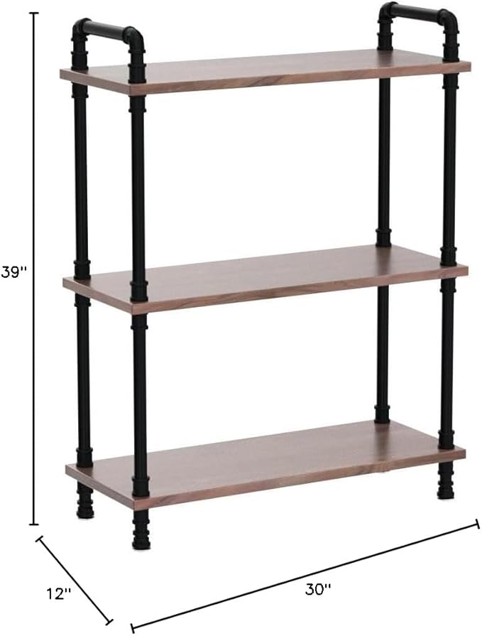 3 Tier Industrial Pipe Bookcase, Rustic Farmhouse Bookshelf with Solid Wood for Living Room, Kitchen, Office - LeafyLoom