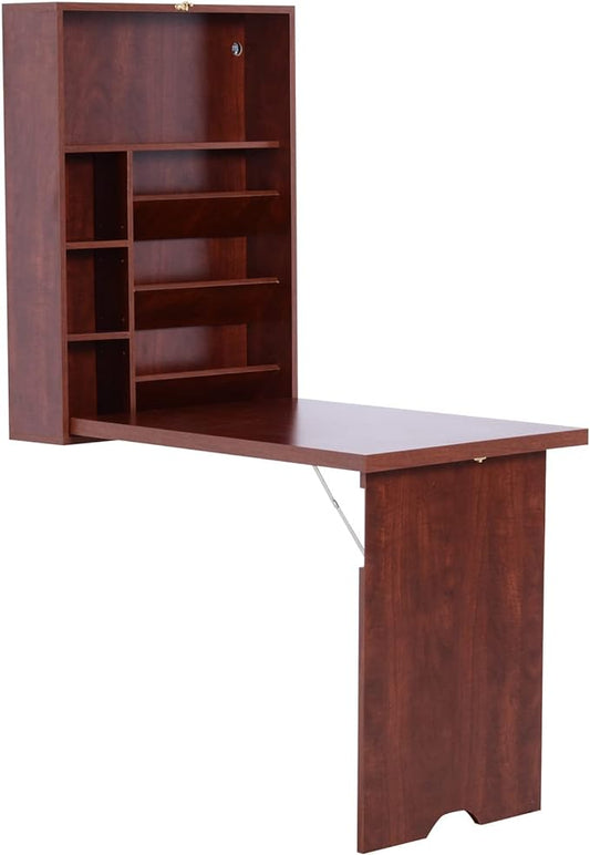 HOMCOM Compact Fold Out Wall Mounted Convertible Desk with Storage, Mahogany - LeafyLoom