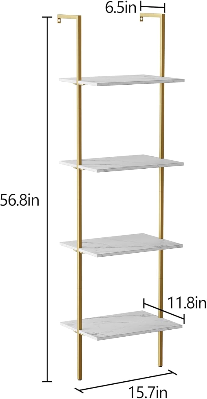 Ladder Shelf 4 Tiers Metal Industrial Bookshelf,White Marble Wood Tall Open Storage Rack and Display Shelves,Wall Mount Wide Book Case for Home Office Bedroom,Small - LeafyLoom