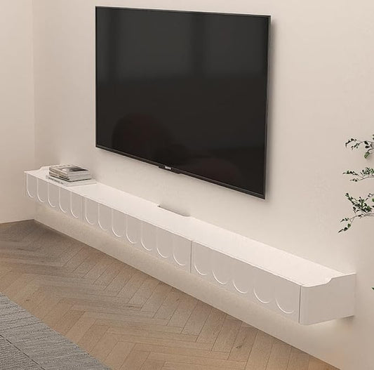 Floating TV Stand, 81'' High Gloss Wall Mounted TV Cabinet, Floating TV Shelves with Door & Drawers, Modern Entertainment Media Console Center Large Storage TV Bench for Living Room (White) - LeafyLoom