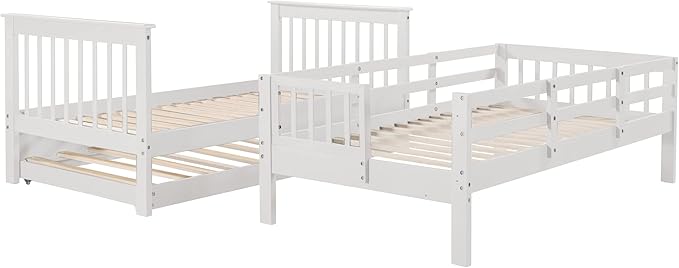 Twin Over Twin Bunk Bed with Stairs Storage and Trundle, Stairway Wooden 3 Bedframes in 1 with Safety Guardrails, for Kids Teens Adult Bedroom, White - LeafyLoom