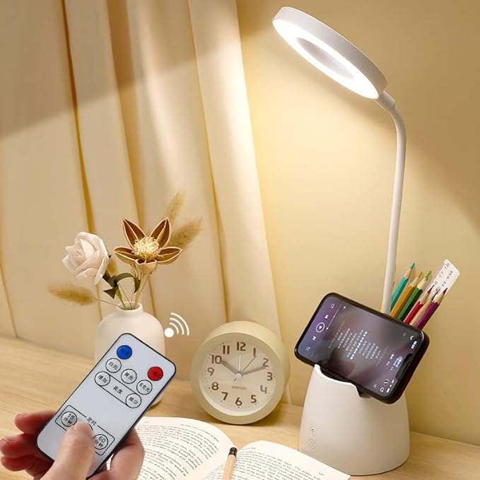 Desk Lamp, Desk Lamps for Home Office, Led Touchable Light, Remote Controlled, Dimmable, 3 Color Modes, Gooseneck, Small White Lamp, Led Table Light, Dorm Lamp, Rechargeable Study Table Lamp - LeafyLoom