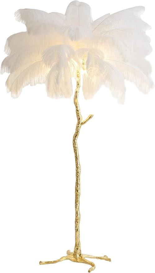 Luxury Resin Ostrich Feather Lamp, 35 Pieces real ostrich feathers,Feather Floor Lamp,Standing Lamp for Living Room, Bedroom and Office 67” Tall Feather Lamp (White) - LeafyLoom