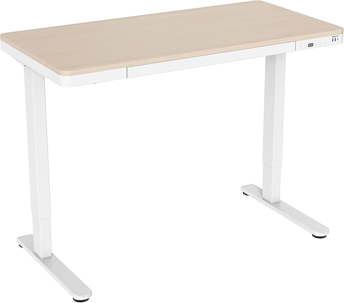 Mount-It! 47.2" Wide x 28.3" Deep Electric Height Adjustable Desk, Ergonomic Standing Workspace, Height Adjustment up to 46.5" Tall, Large Desktop, USB Ports, Drawer, Home Office, White, Maple Top - LeafyLoom