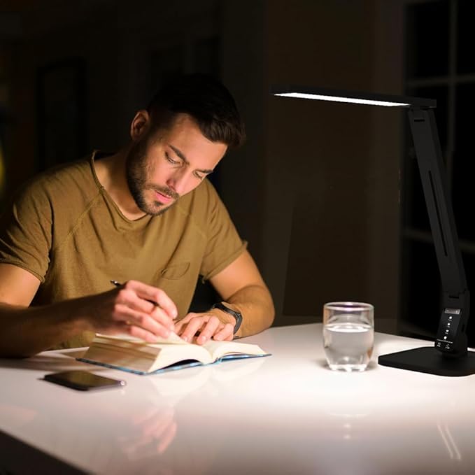 Desk Lamp, LED Dimmable Reading Light with Adjustable Lighting 5 Brightness Levels, 4 Light Colors and USB Charging Port Table Lamp (Piano Black) - LeafyLoom