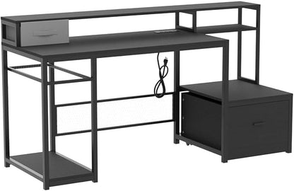 Home Office Desks with Drawers, 66‘’ Computer Desk with Storage, Office Desk with Monitor Stand, Work Desk with Outlets and USB, Gaming Table Desk with File Cabinet for Home Office Table, Black - LeafyLoom