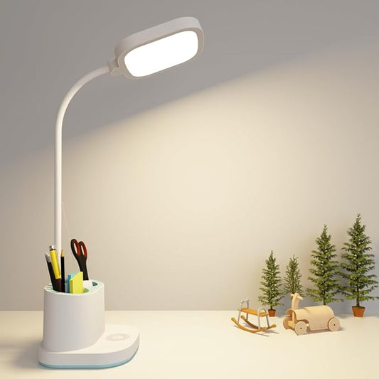 Desk Lamp College Dorm Room Essentials for Girls Guys, 3 Color Reading Lamp with USB Charging Port, Pen Holder, LED Desk Light for Home Office, Rechargeable Battery Cordless, Flexible Gooseneck, White - LeafyLoom