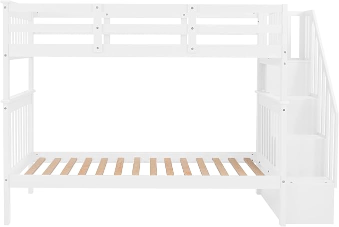 Twin Over Twin Bunk Bed with Storage Stairs, Detachable into Two Platform Bedframe, Wooden Bunkbeds with Staircase, Bedroom Furniture for Kids Teens Adults, White - LeafyLoom