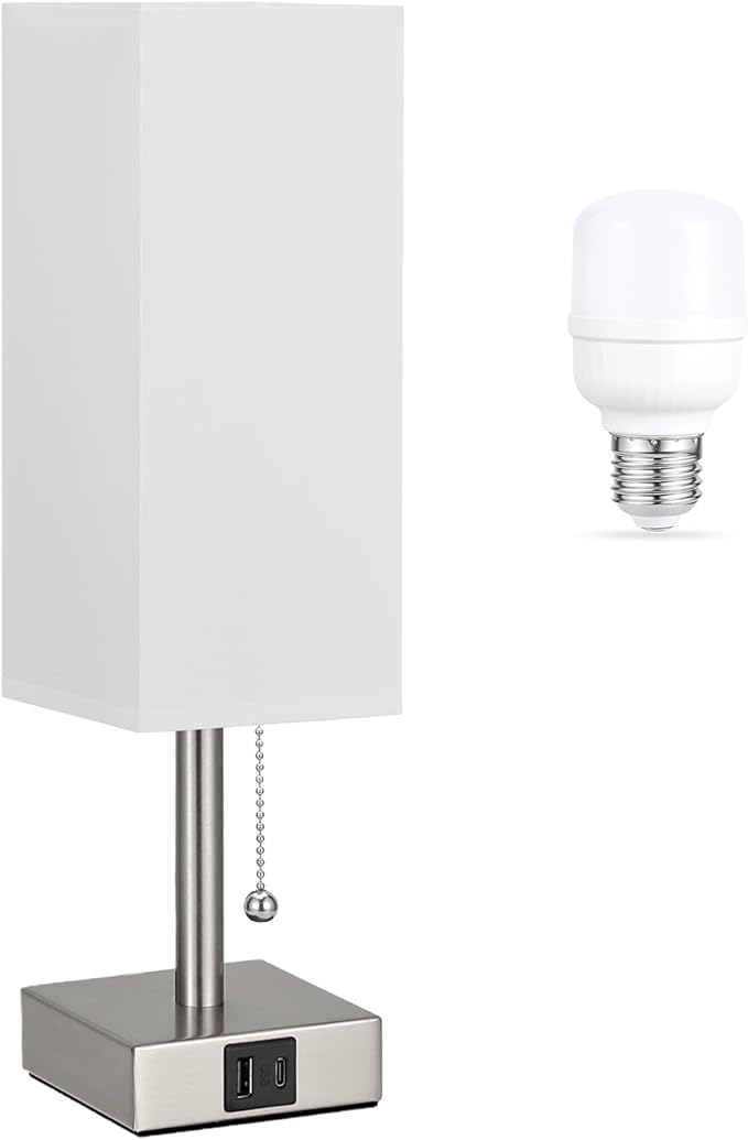 White Small Lamp for Bedroom - 3 Color Temperature 3000K 5000K 4000K Bedside Lamp, Pull Chain Control, USB A and C Charging Ports, Silver Base, for Kids Office Dorm nightstand, Bulb Included - LeafyLoom