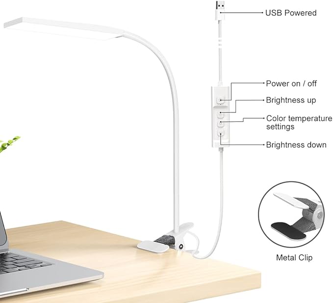 RAOYI LED Desk Lamp, 5W USB Clip on Light Eye-Caring Reading Clamp Table Lamp with 48 LEDs Flexible Gooseneck, 3 Color Modes and 14 Brightness Levels for Office Bedroom Study (White) - LeafyLoom