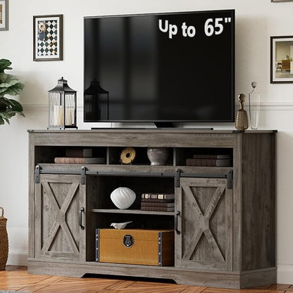 Farmhouse TV Stand with Sliding Barn Door for TVs up to 65+ Inch, 34" Tall Entertainment Center, Wood Media Console Storage Cabinet for Bedroom, Living Room, Light Grey - LeafyLoom