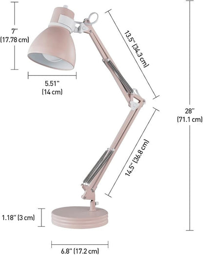 Globe Electric 52028 28" Swing Arm Desk Lamp, Matte Rose, Matte White Accents, On/Off Rotary Switch, Partially Adjustable Swing Arm, Home Office Accessories, Lamp for Bedroom, Home Improvement - LeafyLoom