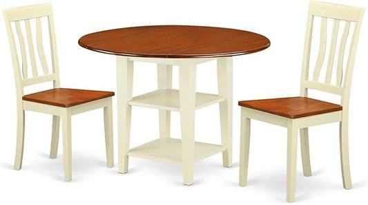 East West Furniture SUAN3-BMK-W 3 Piece Dining Room Table Set Contains a Round Dining Table with Dropleaf & Shelves and 2 Wood Seat Chairs, 42x42 Inch, Buttermilk & Cherry - LeafyLoom