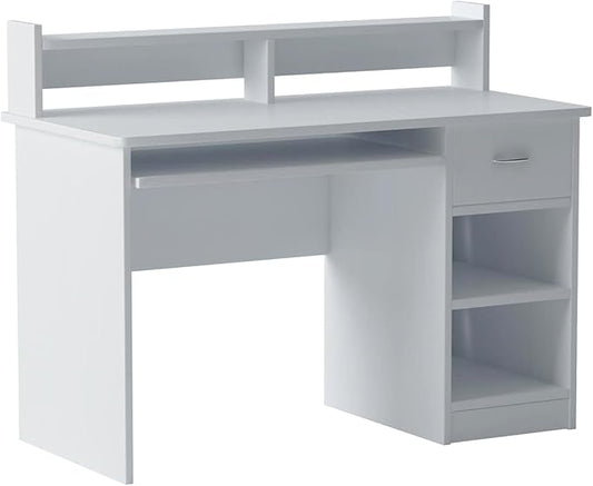 OneSpace Essential Computer Desk, Hutch with Pull-Out Keyboard, White - LeafyLoom