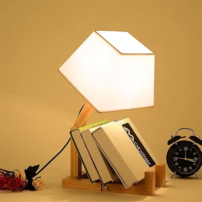 ELINKUME Cute Robot Desk Lamp,Dimmable Bedside Table Lamps,Square Lampshade Night Light with Foldable Solid Wood Body,Fun Kids Lamp, Nightstand lamp for Bedroom,Study,Office,Living room(Gift) - LeafyLoom