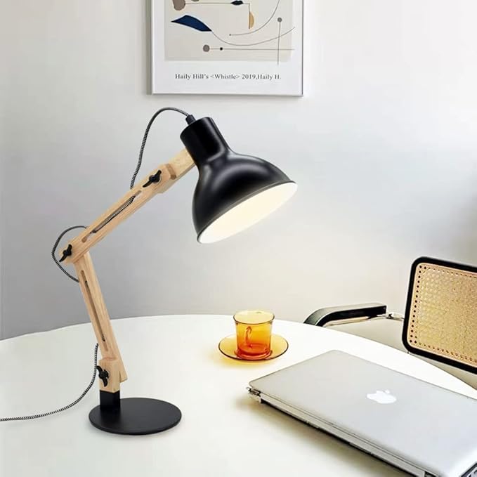 DLLT Swing Arm Desk Lamp, Wood Adjustable Gooseneck Table Lamp, Modern Architect Desk Light, Reading Light for Work, Study, Bedroom, Home Office, College Dorm, Black Metal Shade, E26 Bulb Included - LeafyLoom