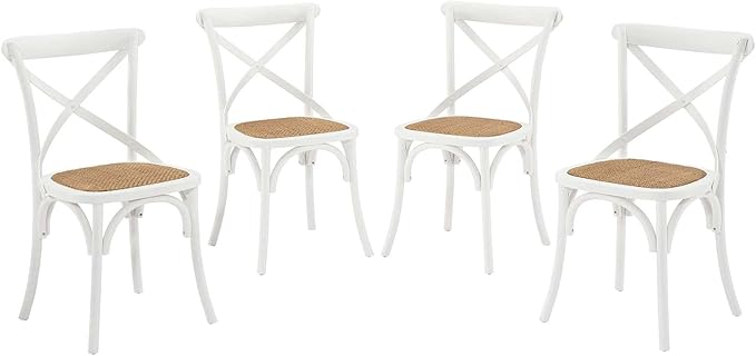 Modway Gear Rustic Modern Farmhouse Elm Wood Rattan Four Dining Chairs in White - LeafyLoom