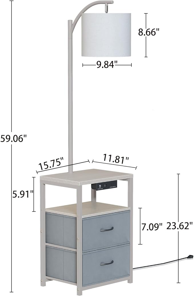 SUNMORY Floor Lamp with Table & 2 Drawers, Lamp with USB Port and Outlet, Lamps for Nightstand with 3 Color Temperature Led Bulb Included, Floor Lamps for Living Room, Bedroom and Home Office, Grey - LeafyLoom