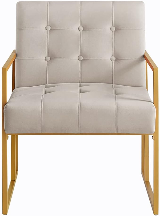 24KF Modern Taupe Velvet Button Tufted Accent Chair with Golden Metal Stand, Decorative Furniture Chairs for Living Room Bedroom - Taupe - LeafyLoom