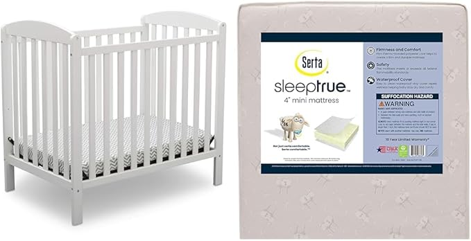 Delta Children Emery Mini Convertible Baby Crib with 2.75-inch Mattress, Bianca White & Serta SleepTrue Mini Crib Mattress, Premium Sustainably Sourced Fiber Core - LeafyLoom