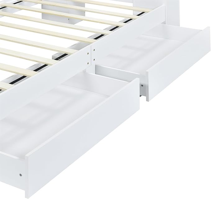 Merax Twin Bed Frame with Shelves and Storage Drawers Underneath,White Twin Size Platform Bed with Headboard and Light - LeafyLoom