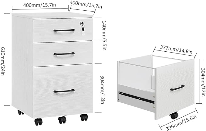 Panana 3 Drawer Wood Mobile File Cabinet, Under Desk Storage Drawers Small File Cabinet for Home Office (White) - LeafyLoom