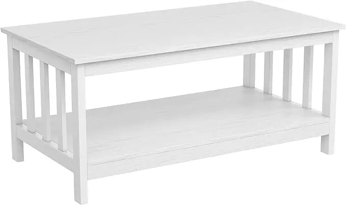 ChooChoo Farmhouse Coffee Table, Pure White Living Room Table with Shelf, 40 Inch - LeafyLoom