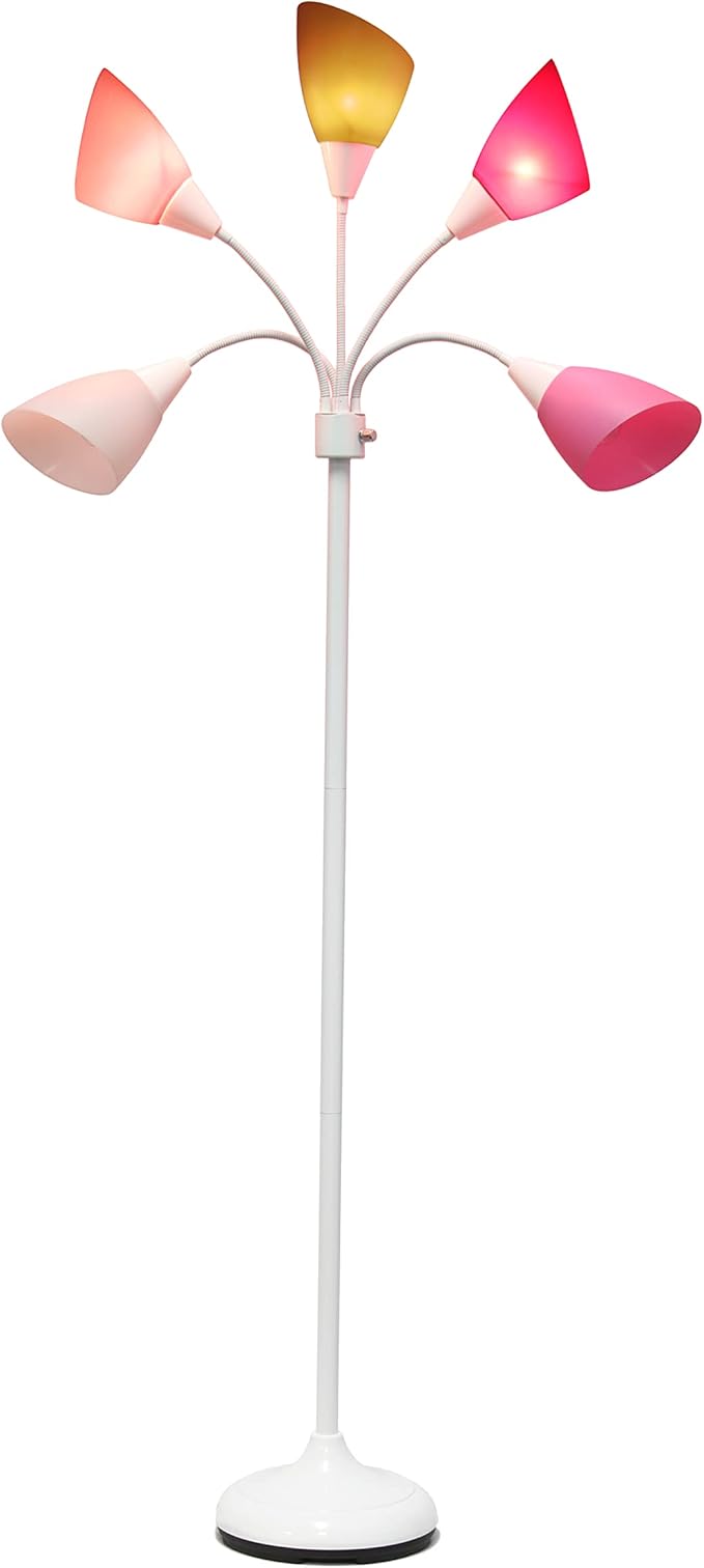 Simple Designs LF2006-WPG 67" Contemporary Multi Head Medusa 5 Light Adjustable Gooseneck White Floor Lamp with Pink, White, Gray Shades for Kids Bedroom Playroom Living Room Office, 30 x 10 x 67 - LeafyLoom