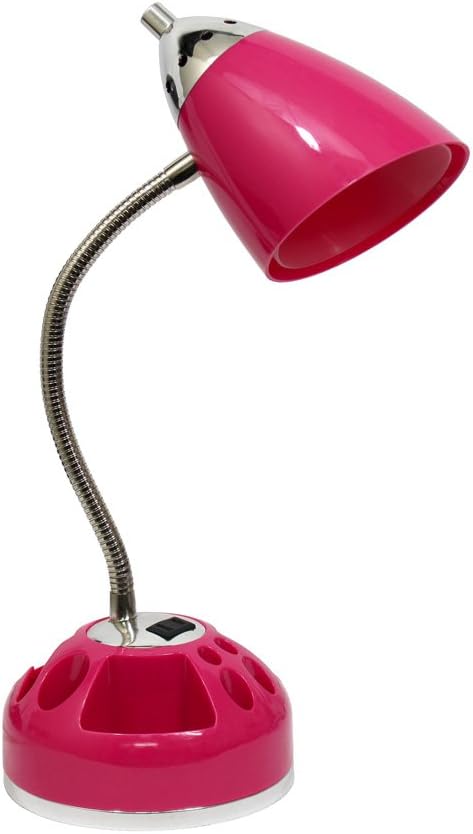 Simple Designs LD1015-PNK Flossy Organizer Desk Lamp with Charging Outlet and Lazy Susan Base, Pink - LeafyLoom