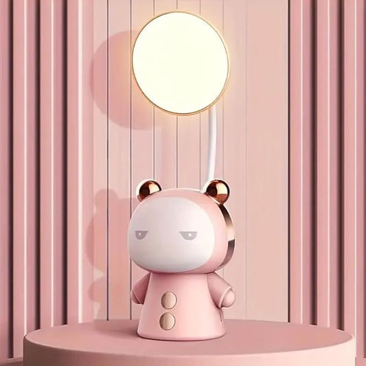 Cute Cartoon Kids Desk Lamp with Night Light - 360° Goose Neck LED Flexible Reading Light for Bedroom - Children Bedside Study Table Lamp (Pink Bear) - LeafyLoom