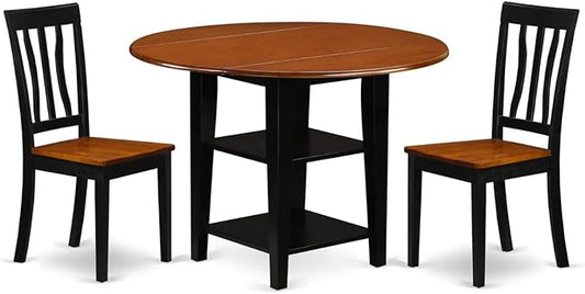 East West Furniture SUAN3-BCH-W 3 Piece Dining Room Table Set Contains a Round Dining Table with Dropleaf & Shelves and 2 Wood Seat Chairs, 42x42 Inch, Black & Cherry - LeafyLoom