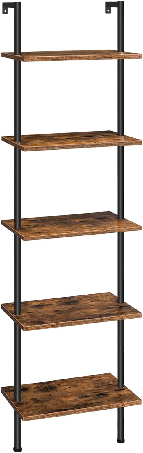 HOOBRO DIY Ladder Shelf, 5-Tier Wooden Wall Mounted Bookshelf, Narrow Bookcase, Display Shelf, Storage Rack, Plant Stand, for Living Room, Bedroom, Study, Balcony, Rustic Brown and Black BF531CJ01 - LeafyLoom