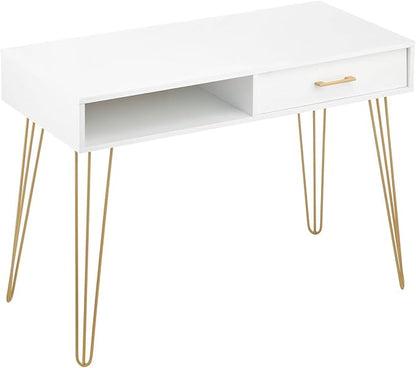 mDesign Metal/Wood Modern Computer Desk - Minimalist Desk and Computer Table with Drawer - Simple Desk with Storage Cubby and Hairpin Legs - Small Work Desk for Home Office, Study - White/Soft Brass - LeafyLoom