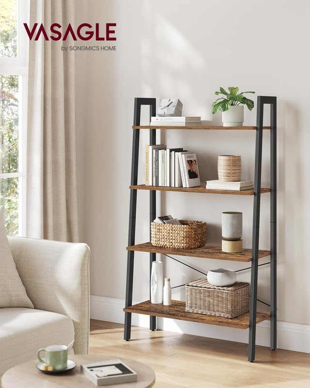 VASAGLE Ladder Shelf, 4-Tier Bookshelf, Storage Rack, Bookcase with Steel Frame, for Living Room, Home Office, Kitchen, Bedroom, Industrial Style, Rustic Brown and Black ULLS144B01 - LeafyLoom