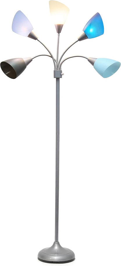 Simple Designs LF2006-SBG 67" Contemporary Multi Head Medusa 5 Light Adjustable Gooseneck Silver Floor Lamp with Blue, White, Gray Shades for Kids Bedroom Playroom Living Room Office - LeafyLoom