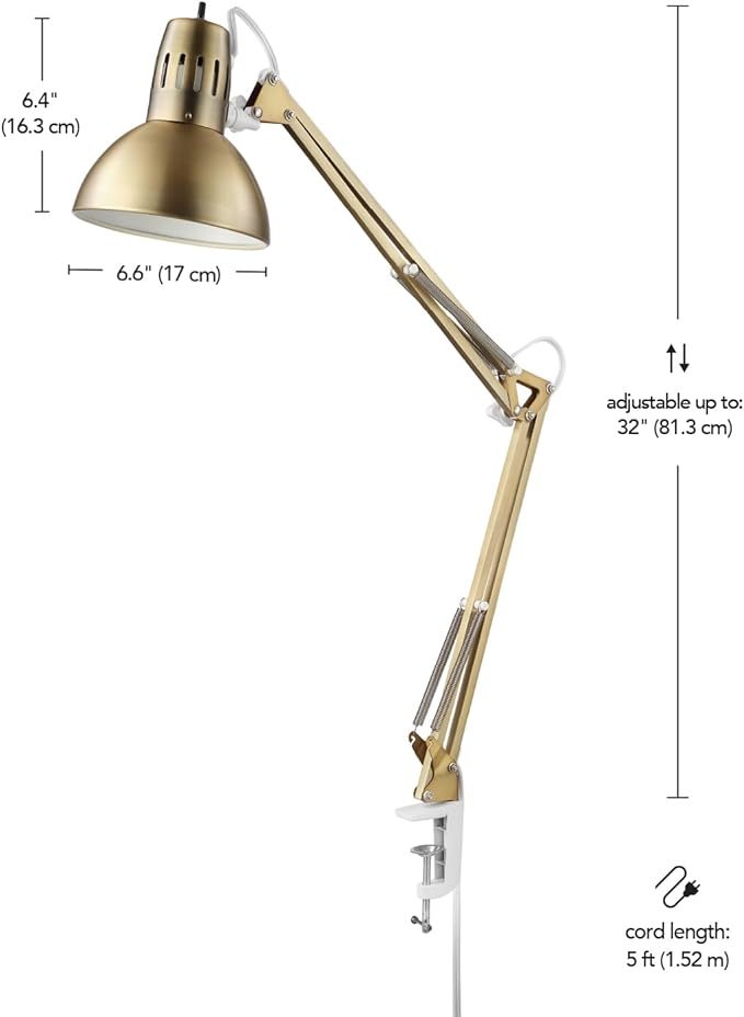 Globe Electric 62000010 32" Multi-Joint Desk Lamp with Metal Clamp, Matte Brass, White Accents, On/Off Rotary Switch on Shade, Partially Adjustable Swing Arm, Home Décor, Office Accessory - LeafyLoom