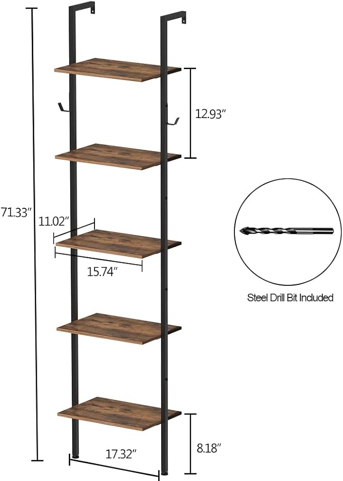 Industrial Bookshelf Wall Mounted 5-Tiers Ladder Shelf Wooden and Metal Narrow Thin Bookshelf Open Display Storage Rack for Living Room Bedroom Home Office (Rustic Brown, Small) - LeafyLoom